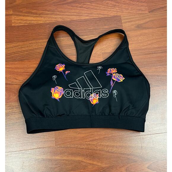ADIDAS Intimates Black Mesh Back Removable Cups Floral Sports Bra - Picture 2 of 6